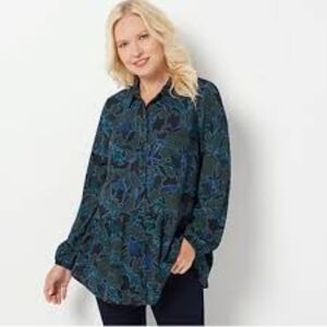 LOGO Lori Goldstein Women's Long Sleeve Button Down Peplum Top Size 1X